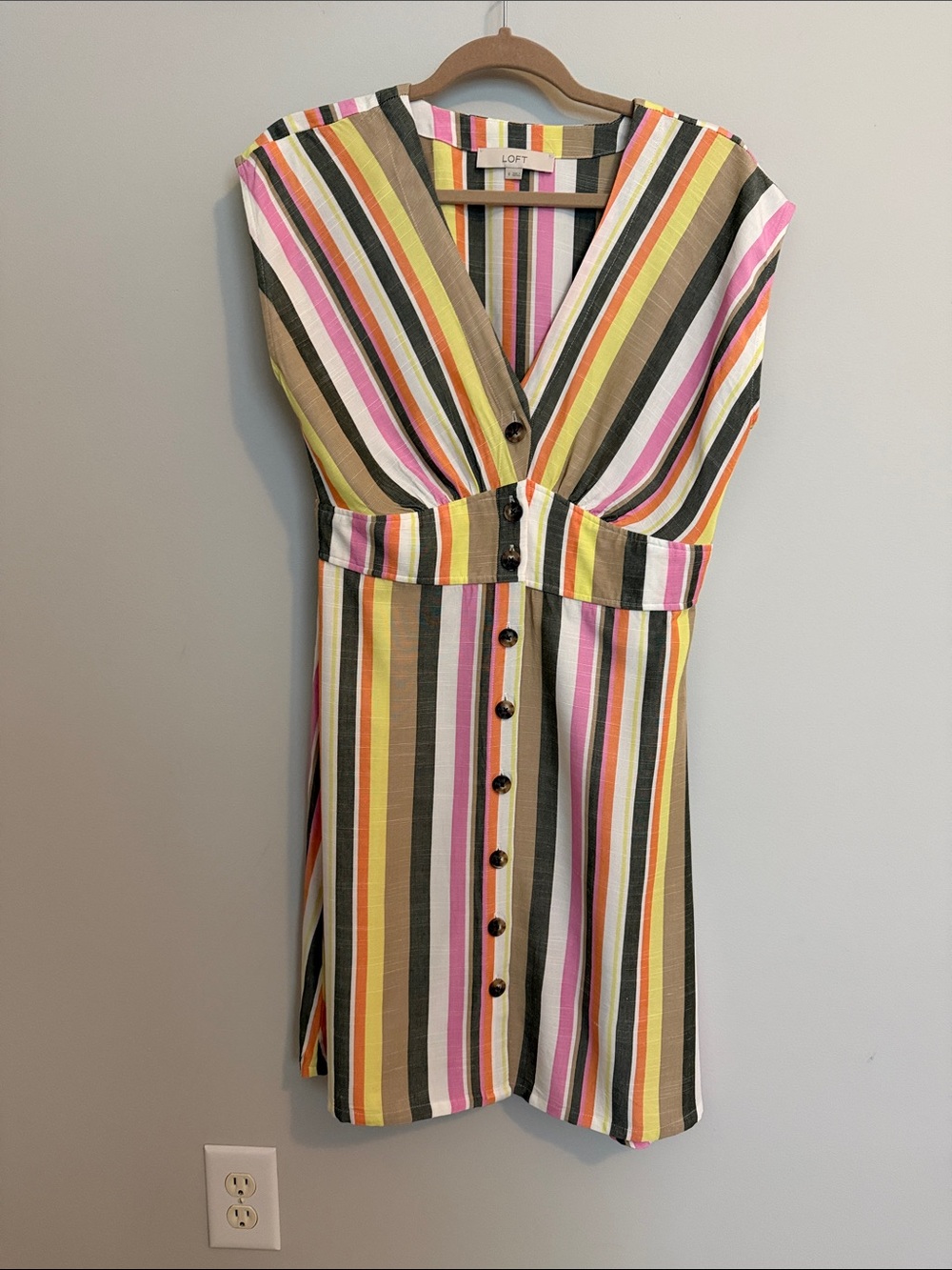 LOFT Striped V-Neck Button Dress in Yellow, Pink, Green, Black, White